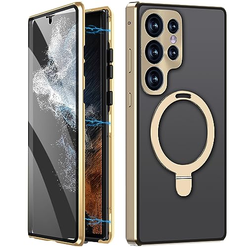 LOXO CASE Hülle für Samsung Galaxy S22 Ultra, Unsichtbarer Ringständer [kompatibel mit MagSafe] Doppelseitiger Magnetischer Adsorptionsmetallrahmen 360 Ganzkörperhülle,Gold von LOXO CASE