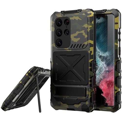 LOXO CASE Hülle für Samsung Galaxy S24 Ultra, Metallstoßstange, Militärisch Robuste Silikonhülle mit Ständer, Integrierte Gorilla-Glas-Vollabdeckung, Staubdichte Outdoor-Abdeckung,Camouflage von LOXO CASE