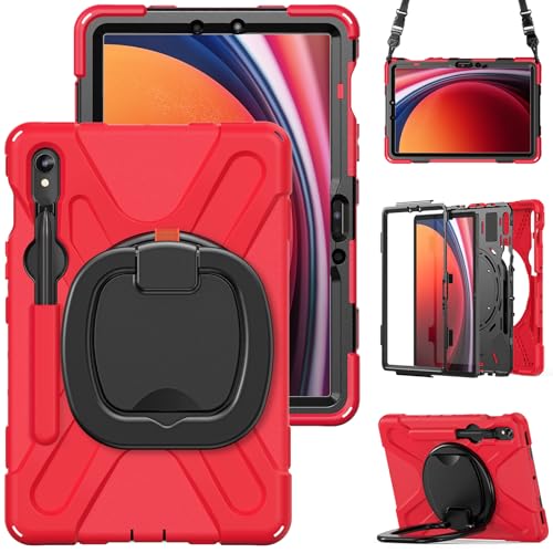 LOXO CASE Hülle für Samsung Galaxy Tab S10 Plus 12,4 Zoll 2024, 3-lagige, Stoßfeste, Robuste Hybrid-Schutzhülle mit 360° Drehbarem Handständer/Stiftehalter/Schultergurt,Red von LOXO CASE