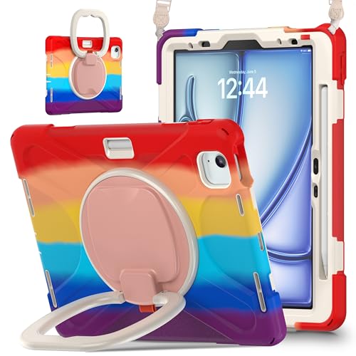 LOXO CASE Hülle für iPad Air 11 Zoll M2 (2024), 3-lagige, Stoßfeste, Robuste Hybrid-Schutzhülle mit 360° Drehbarem Handständer/Stiftehalter/Schultergurt,Colourful Red von LOXO CASE