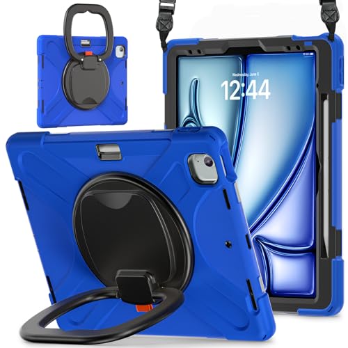 LOXO CASE Hülle für iPad Air 13 Zoll M2 (2024), 3-lagige, Stoßfeste, Robuste Hybrid-Schutzhülle mit 360° Drehbarem Handständer/Stiftehalter/Schultergurt,Blue von LOXO CASE