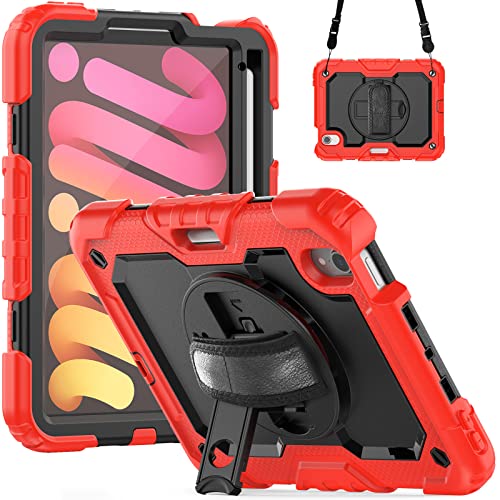 LOXO CASE Hülle für iPad Mini 7./6. Generation 2024/2021 8,3 Zoll, mit Ständer, Handschlaufe, Schultergurt, Bleistifthalter, Rundumschutz,Red von LOXO CASE