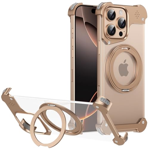 LOXO CASE Hülle für iPhone 13 Pro Max/13 Pro/13, mit Kickstand 360° Drehbarem Magnetständer, Rahmenlose Transparente Rückplatte Metallstoßstangenhülle,Gold,13 Pro von LOXO CASE