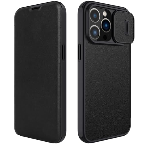 LOXO CASE Hülle für iPhone 15/15 Pro/15 Plus/15 Pro Max, Elegante, Moderne PU-Leder-Klapphülle mit Verschiebbarem Kameraschutz und Stoßfestem TPU-Rahmen, Luxuriöse Textur,Black,15 Pro Max von LOXO CASE