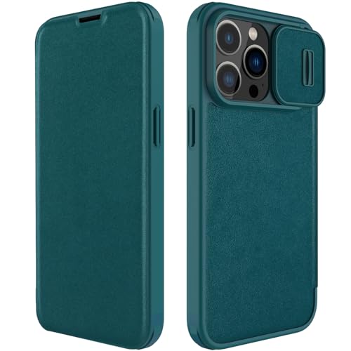 LOXO CASE Hülle für iPhone 15/15 Pro/15 Plus/15 Pro Max, [Verbesserte Slide-Kamera] Premium PU Leder Tasche Flipcase - 2 Kartenschlitzen, Flip Cover Geschäft Klappbar Stoßfeste,Green,iPhone15 Pro von LOXO CASE