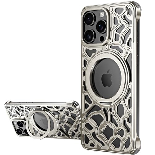 LOXO CASE Hülle für iPhone 15 Pro Max/15 Pro/15, Kompatibel mit Magnetischer Hohlmetallhülle mit 360° Drehbarem Ständer Stoßfester Schutz,Natural,15 von LOXO CASE