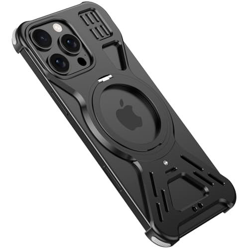 LOXO CASE Hülle für iPhone 15 Pro Max/15 Pro/15, Minimalistisches Rahmenloses Metallgehäuse mit 360° Drehbarem Ständer, Kompatibel mit MagSafe, Wärmeableitungsdesign,Black,15 Pro von LOXO CASE