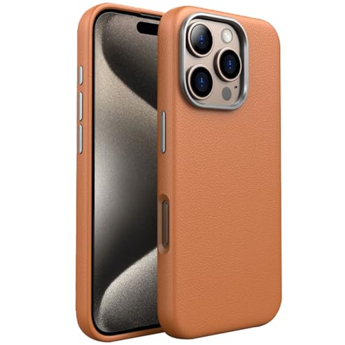 LOXO CASE Hülle für iPhone 16/16 Plus/16 Pro/16 Pro Max, Echtlederhülle, Metallic-Knöpfe & Mikrofaser-Innenfutter Leder-Telefonhülle,Brown,16 von LOXO CASE