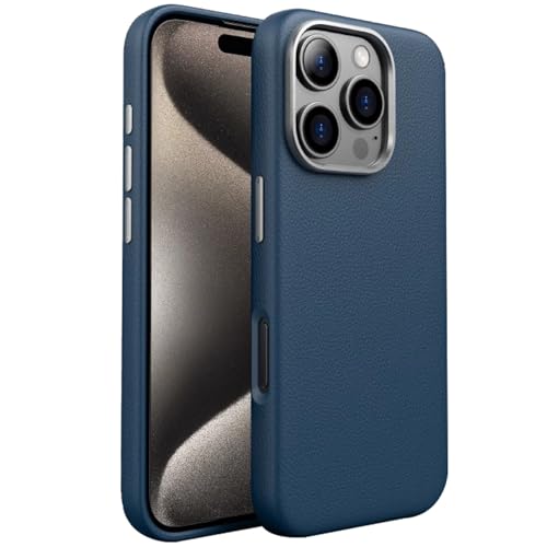 LOXO CASE Hülle für iPhone 16/16 Plus/16 Pro/16 Pro Max, Premium Lederhülle mit Metalllinsenschutz [mit Metallischen Knöpfen] Kompatibel mit MagSafe,Blue,16 Pro von LOXO CASE