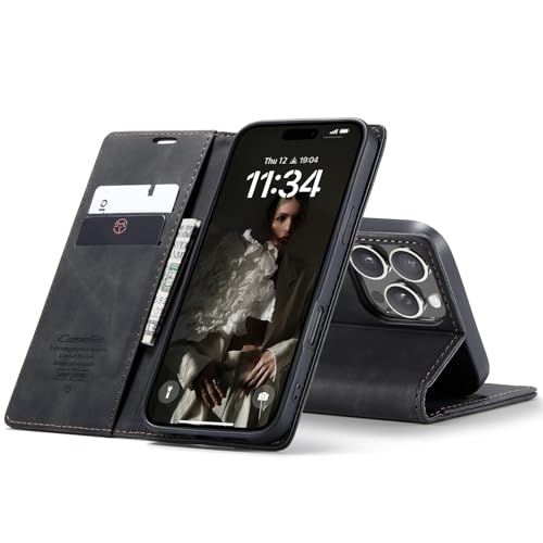 LOXO CASE Hülle für iPhone 16/16 Plus/16 Pro/16 Pro Max, Stoßfeste Leder-Brieftaschenhülle Aus TPU mit Karten- und Bargeldfächern, Magnetverschluss und Standfunktion,Black,16 Pro Max von LOXO CASE