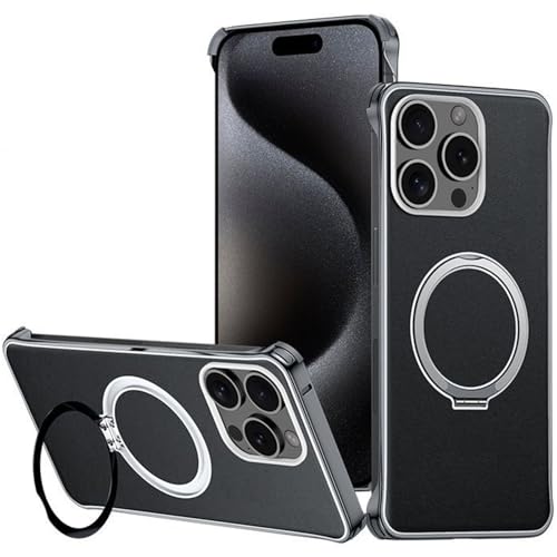 LOXO CASE Hülle für iPhone 16 Pro Max/16 Pro/16, Luxuriöse Lederhülle Ohne Rahmen Aus Metall mit Ständer, Kompatibel mit MagSafe, Stoßfest, Schlankes Design,Black,16 Pro Max von LOXO CASE