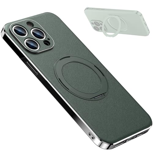 LOXO CASE Hülle für iPhone 16 Pro Max/16 Pro/16 Plus/16, Echtlederhülle mit Galvanisiertem Rahmen mit 360° Verstellbarem Ständer, Kameraobjektivschutz,Green,16 Pro Max von LOXO CASE