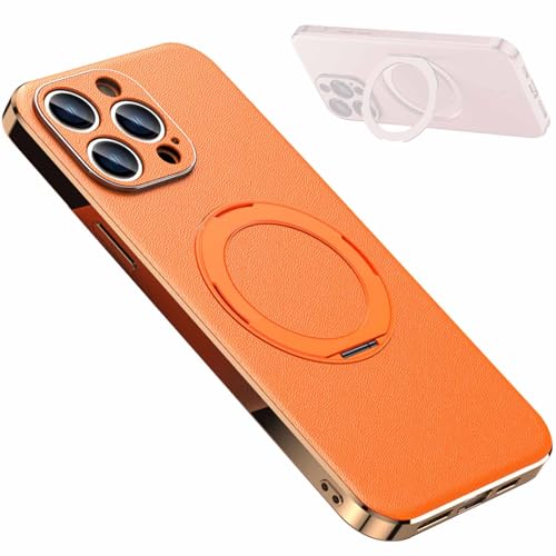 LOXO CASE Hülle für iPhone 16 Pro Max/16 Pro/16 Plus/16, Echtlederhülle mit Galvanisiertem Rahmen mit 360° Verstellbarem Ständer, Kameraobjektivschutz,Orange,16 Pro von LOXO CASE