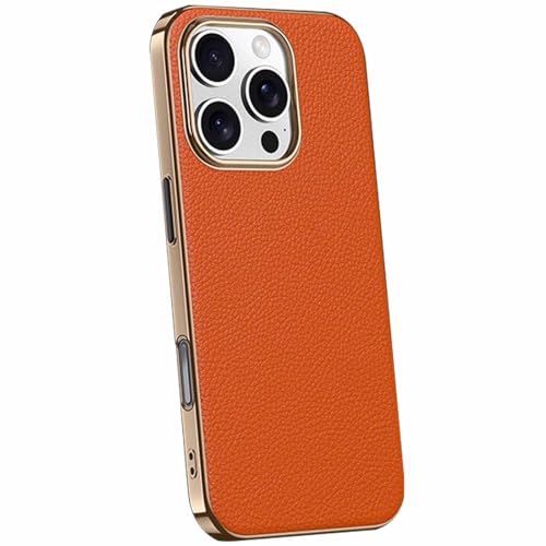 LOXO CASE Hülle für iPhone 16 Pro Max/16 Pro/16 Plus/16, Luxuriöses Echtleder, Galvanisierter PC-Rahmen, Stoßfeste Hülle,Orange,16 Pro Max von LOXO CASE