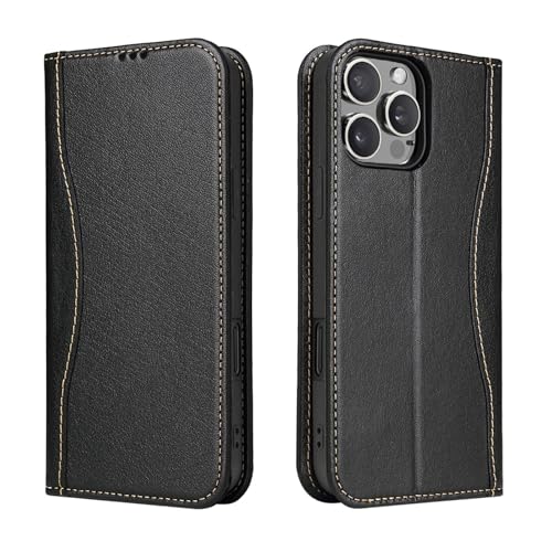 LOXO CASE Klapphülle Aus Echtem Leder für Das iPhone 16/16 Plus/16 Pro/16 Pro Max, mit Kartenfächern, Magnetverschluss, Ständer, Rundumschutz und Weichem Mikrofaserfutter,Black,16 Pro Max von LOXO CASE