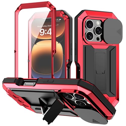 LOXO CASE Metallgehäuse für iPhone 16 Pro Max/16 Pro/16 Plus/16, [Kameraschutz] Robustes Aluminiumgehäuse in Militärqualität mit Ständer und Integriertem Displayschutz,Red,16 Pro von LOXO CASE