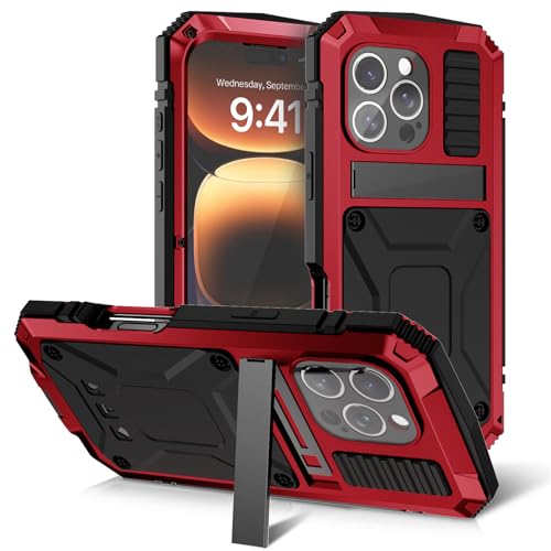 LOXO CASE Metallgehäuse für iPhone 16 Pro Max/16 Pro/16 Plus/16, Robustes, Stoßfestes Metallgehäuse mit Integriertem Displayschutz und Ständer,Red,16 Pro von LOXO CASE