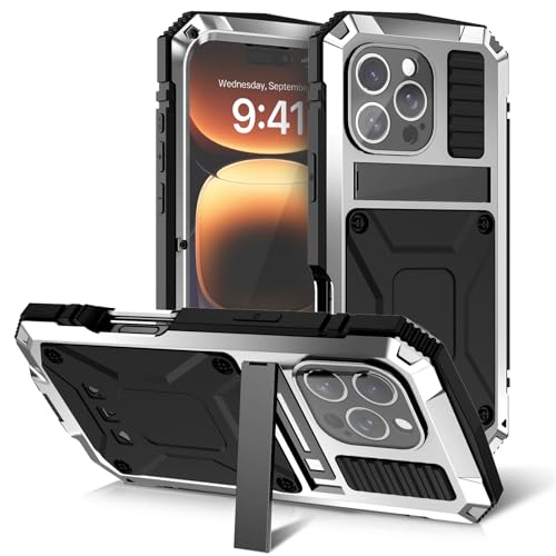 LOXO CASE Metallgehäuse für iPhone 16 Pro Max/16 Pro/16 Plus/16, Robustes, Stoßfestes Metallgehäuse mit Integriertem Displayschutz und Ständer,Silver,16 von LOXO CASE