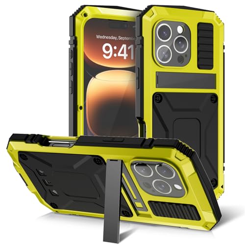 LOXO CASE Metallgehäuse für iPhone 16 Pro Max/16 Pro/16 Plus/16, Robustes, Stoßfestes Metallgehäuse mit Integriertem Displayschutz und Ständer,Yellow,16 Pro Max von LOXO CASE