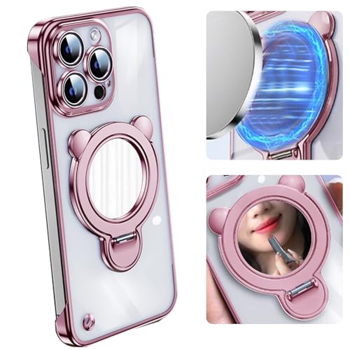 LOXO CASE Niedliche Schminkspiegel-Hülle für iPhone 15 Pro Max/15 Pro/15, mit 360° Drehbarem Ständer, Rundum-Kameraschutz, Kompatibel mit MagSafe,Pink,15 Pro von LOXO CASE