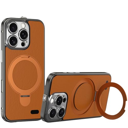 LOXO CASE Schutzhülle für iPhone 15 Pro Max/15 Pro/15, Edelstahlrahmen, Strukturiertes Leder, Integrierter Ständer, Linsenschutz, Kompatibel mit MagSafe,Black Orange,15 von LOXO CASE