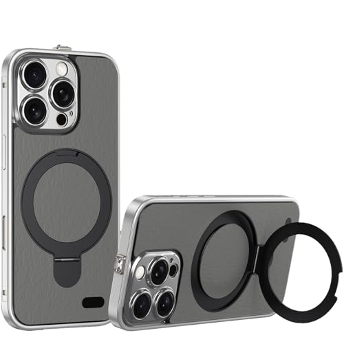 LOXO CASE Schutzhülle für iPhone 15 Pro Max/15 Pro/15, Edelstahlrahmen, Strukturiertes Leder, Integrierter Ständer, Linsenschutz, Kompatibel mit MagSafe,Silver Gray,15 Pro von LOXO CASE