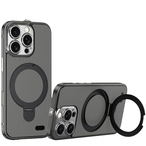 LOXO CASE Schutzhülle für iPhone 16 Pro Max/16 Pro/16, Edelstahlrahmen, Strukturiertes Leder, Integrierter Ständer, Linsenschutz, Kompatibel mit MagSafe,Black Gray,16 Pro Max von LOXO CASE