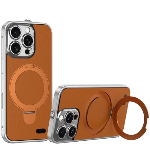 LOXO CASE Schutzhülle für iPhone 16 Pro Max/16 Pro/16, Edelstahlrahmen, Strukturiertes Leder, Integrierter Ständer, Linsenschutz, Kompatibel mit MagSafe,Silver Orange,16 Pro von LOXO CASE