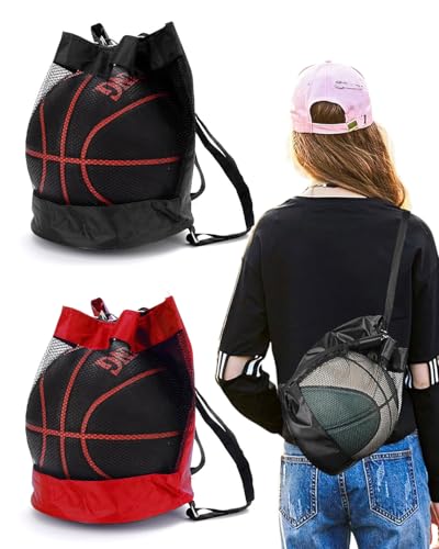 LOZTBUE 2-teilige Basketballtasche, faltbare Balltasche mit Kordelzug, multifunktionaler Fußball-Rucksack, tragbares Tennis-/Volleyballnetz (rot und schwarz) von LOZTBUE