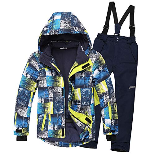 LPATTERN Kinder Jungen/Mädchen Skifahren Bekleidung 2 Teilig Schneeanzug Skianzug(Skijacke+ Skihose), Blau Gelb Jacke+ Dunkelblau Trägerhose, 116 von LPATTERN