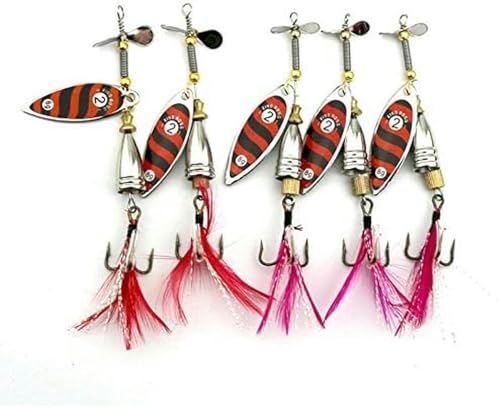 5 Stück Angelhaken mit Federn, Hahnenschwanz, Angel-Spinner-Löffelköder, drehbar, Inline-Angelköder für Barsche, Forellen, 9 cm – 10,5 g, Spinner, Spinnerbaits, Blade-Spinner-Köder von LPUKOI