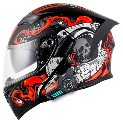 Bluetooth Motorradhelm mit Doppelvisier, Motorrad Herren Damen Modularhelm Klapphelm mit Dual-Lautsprecher-Headset Automatische Anrufannahme, Integralhelm Fahrradhelm ECEDOT geprüft 17,L=59-60CM von LPXPLP