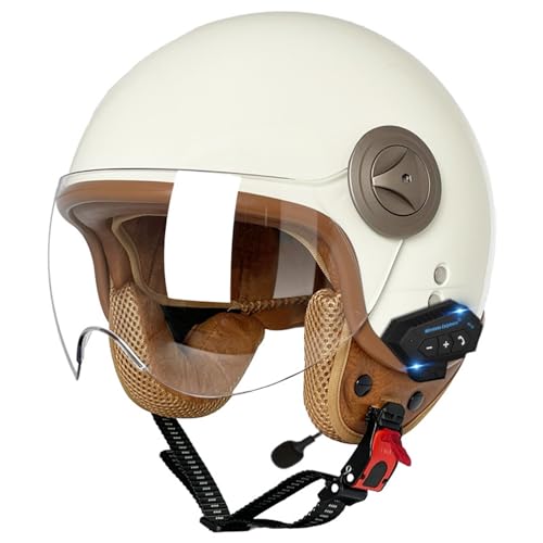 Bluetooth Vintage Jethelm Motorradhelm ECE/DOT Zertifizierung Integrierter Bluetooth-Helm Scooter-Helm Rollerhelm Jet-Helm Herren Damen mit Visier 12,XXL=63~64cm von LPXPLP