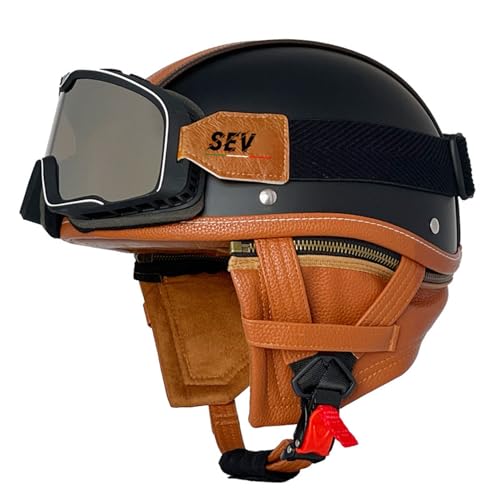 Halbschalenhelm Jethelm ECE-Zertifizierung Retro Deutscher Stil Halbhelme Motorradhelm Mit Brille Brain-Cap Halbschalen-Scooter-Helm Chopper-Helm Für Erwachsene 2,2XL=63-64CM von LPXPLP