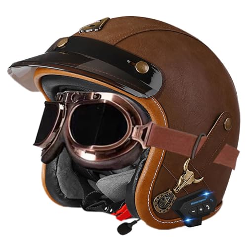 Halbschalenhelm Leder Jethelm Bluetooth Roller-Helm ECE-Zulassung Vintage Motorradhelm Brain-Cap Motorrad Halbhelme Mit Brille Cruiser Scooter Helm Für Herren Damen 9,S=55~56cm von LPXPLP