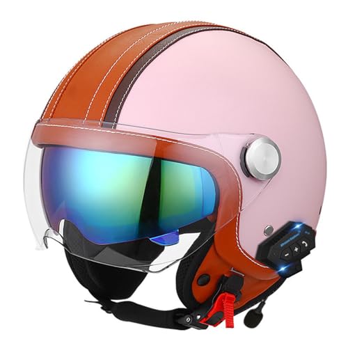 Jet-Helm Motorrad Bluetooth DOT/ECE-geprüft Motorrad-Retro-3/4-Halbhelm mit Doppelvisier, Helm mit integriertem Lautsprecher für automatische Reaktion 3,M(57~58CM) von LPXPLP