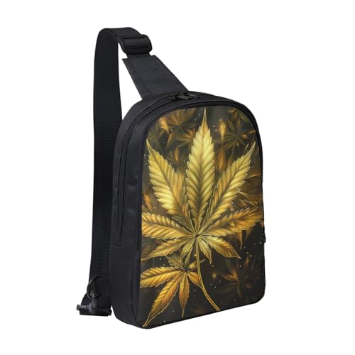 Golden Cannabis bedruckte Brusttasche für Herren und Damen, wasserdichter Crossbody-Rucksack für Läufer, Workout, Wandern, Radfahren, Reisen, Schwarz , Einheitsgröße, Lässiger Tagesrucksack von LRHCNZDCP