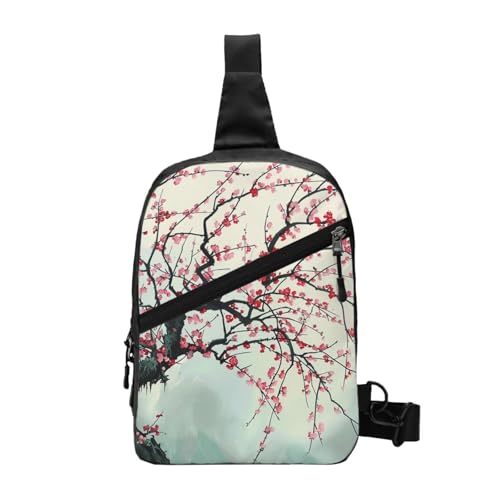 Japanische Brusttasche mit Kirschbaum-Druck, Schultertasche, für Herren und Damen, faltbar, Outdoor-Umhängetasche, Sport-Tagesrucksäcke, Schwarz , Einheitsgröße, Lässiger Tagesrucksack von LRHCNZDCP