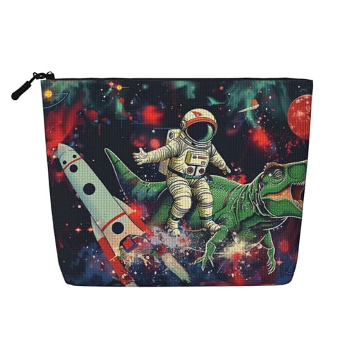 Kosmetiktasche mit lustigem Astronauten-Dinosaurier-Raketen-Druck, Reise-Make-up-Tasche, Leinenimitat, wasserdicht, Kosmetiktasche für Damen, Schwarz , Einheitsgröße, Kosmetiktasche von LRHCNZDCP