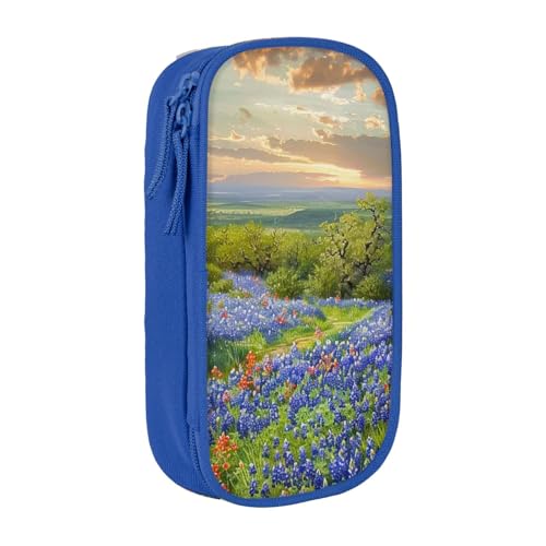 LRHCNZDCP Texas Bluebonnets Federmäppchen mit Landschaftsmotiv, bedruckt, Schwarz, niedliches Federmäppchen, Stiftebox für Schule, Büro, blau, Einheitsgröße, Schulranzen von LRHCNZDCP