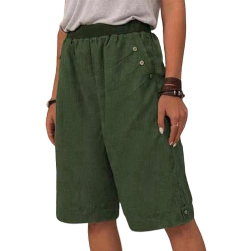 Damen-Shorts aus Baumwolle und Leinen mit Taschen, knielange Trainingsshorts aus Leinenstretch mit hohem Bund (Small,Green) von LRREU