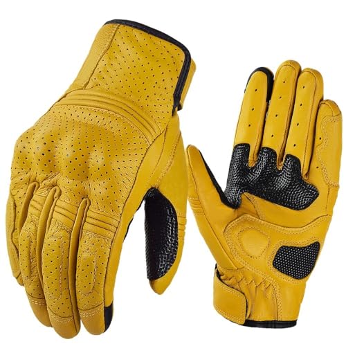 LSHIJI Motorradhandschuhe Silber Retro Motorradhandschuhe Vollfinger Atmungsaktive Motorradhandschuhe Motocross Stoßfeste Polster Schutzhandschuh Motorrad Handschuhe(Yellow,XL) von LSHIJI