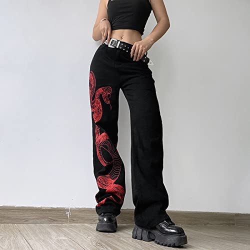 LSJSN Chinesischer Stil Vintage Drache Bedruckte Schwarze Baggy Jeans Streetwear Grunge Hose Mit Hoher Taille Damen Jeans Hip Hop Capris,Schwarz,L von LSJSN