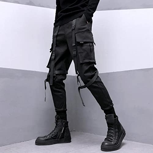 LSJSN Techwear Schwarze Cargohose Für Herren Cargohose Männlich Japanische Streetwear Hip Hop Spring Ribbon Pocket Harajuku Fashion,Schwarz,XL von LSJSN