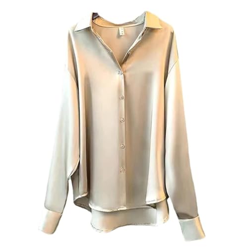 Damen-Satin-Hemd, Langarmblusen, Button-Down-Shirts, elegant, V-Ausschnitt, Satin-Hemd für Damen, Arbeitsoberteile (Khaki, XL) von LTHTX