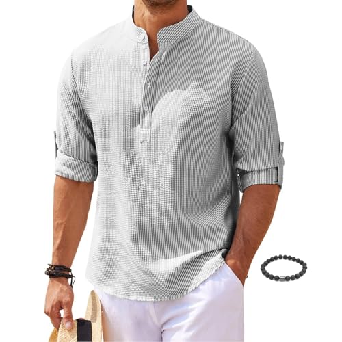 Henley-Hemd für Herren, langärmelig, lässig, aufrollbar, Stehkragen, Hippie-Strand-T-Shirt, 2024, modisches Strandhemd, Tops (Hellgrau, Größe 5XL) von LTHTX