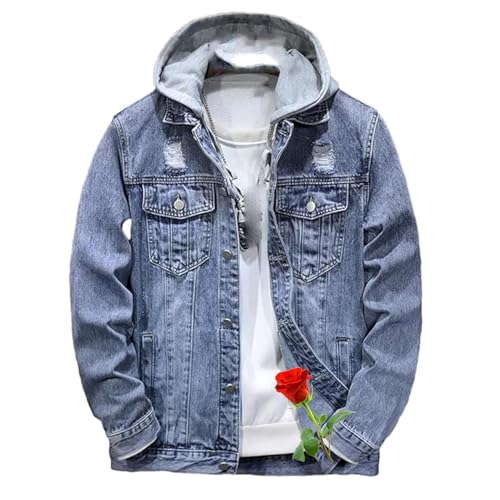 Herren-Jeansjacke im Used-Look, lässiger Kapuzenpullover, Denim-Jacke, langärmelig, Oberbekleidung, blaue Jeansjacke für Herren (Blau, Größe XL) von LTHTX