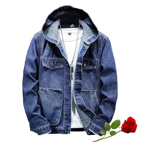 Jeansjacke mit Kapuze für Herren, lässig, schmale Passform, Jeansjacke, Button-Down-Jeansmantel, langärmelig, Trucker-Kapuzenjacken, Oberbekleidung (Blau, L) von LTHTX