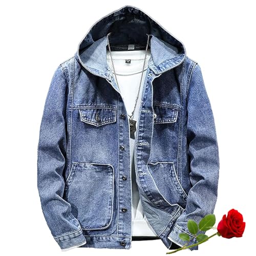 Jeansjacke mit Kapuze für Herren, lässig, schmale Passform, Jeansjacke, Button-Down-Jeansmantel, langärmelig, Trucker-Kapuzenjacken, Oberbekleidung (Hellblau, L) von LTHTX