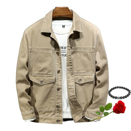 Khaki-Jeansjacke für Herren, Baumwolle, täglich gewaschen, lässig, große und hohe Knopfleiste, langärmelig, Jeans-Trucker-Jacke (Khaki, Größe L (60–70 kg)) von LTHTX